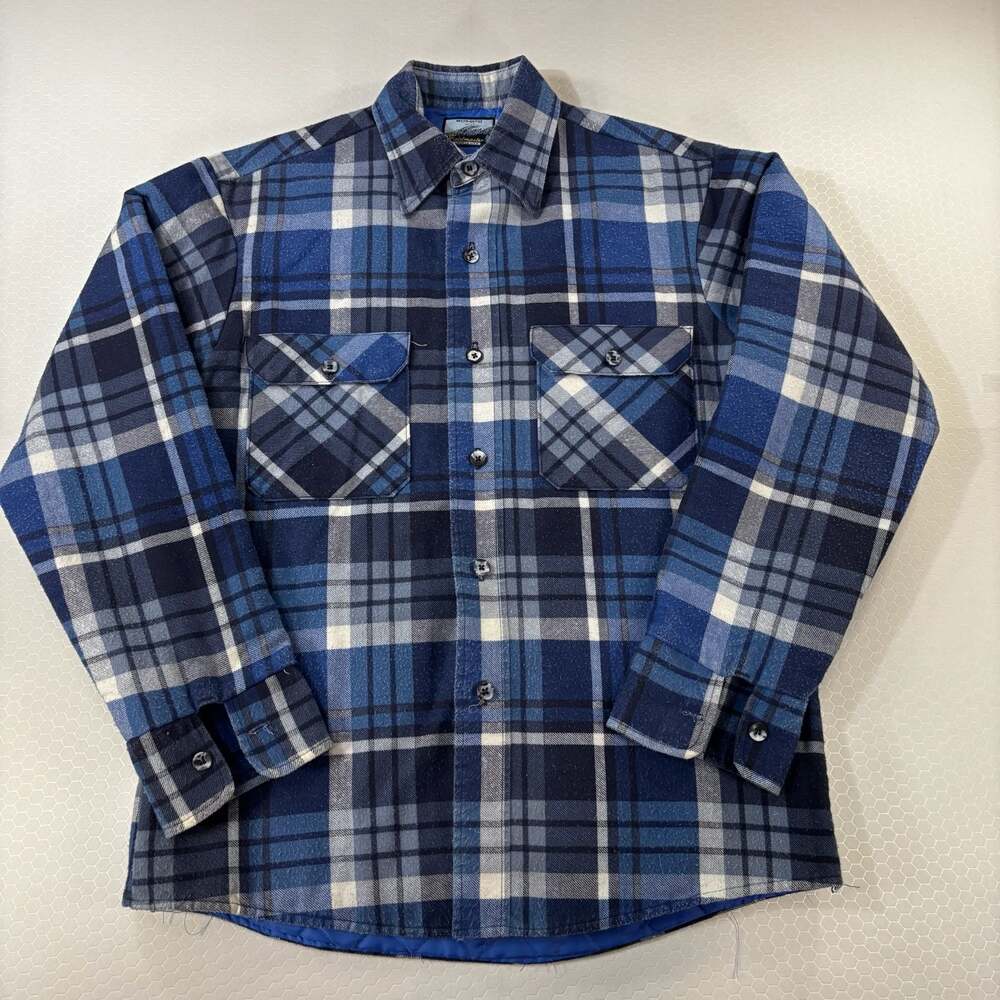 VTG 80s Fieldmaster Quilted Lined Flannel Shirt Jacket Blue Plaid Size M